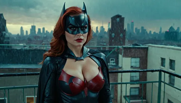 Batwoman, avec ses gros faux seins ronds rebondissants, a poursuivi le voleur par la pluie et l'a attrapé sur le toit