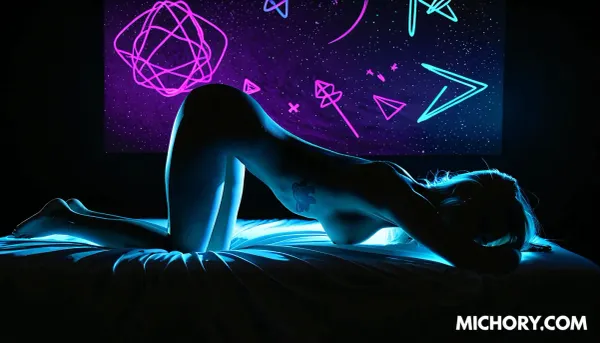 sexy slender 25yo beautiful woman radiating a bright blue glow, ((monochromatic in blue color)), (glowing neon tattoos), glow from side, mathematical equations glowing all around, glow, geometry sketches, floating glowing line in foreground, (glowing geometric sketches floating in front of her), mathematical symbols glowing in background, scribbles, award winning image composition, best composition, blue light theme, blue space nebula in a background, good contrast, Fluorescence, Ultraviolet, lighting, uv, tanning, bed, Bioluminescence, glowing, neon, dark, black, body, paint, <lora:uv style v2:.5>, style, of, Light, painting, <lora:tbh247-sdxl:.9>, ltctr, color, +, light, contour, <lora:light_contour_sdxl:.6>, Photographer, Maren, Klemp, Style, <lora:Photographer Maren Klemp Style:.5>