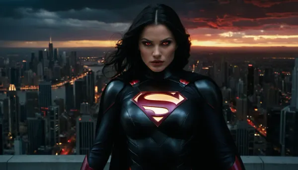 Le chef tyrannique de la Terre, avec son expression séduisante mais séduisante, commande le peuple en bas avec sa présence puissante. Ses énormes faux seins parfaits et ses cheveux noirs en cascade reflètent les nuages ci-dessus. Elle est vraie