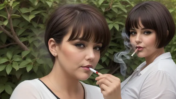 The woman in the picture was smoking a cigarette while standing in front of a bush. She had big saggy tits and round face with simple fat woman features. Her hair was pixie hairstyle and she had side swept short bangs hairs