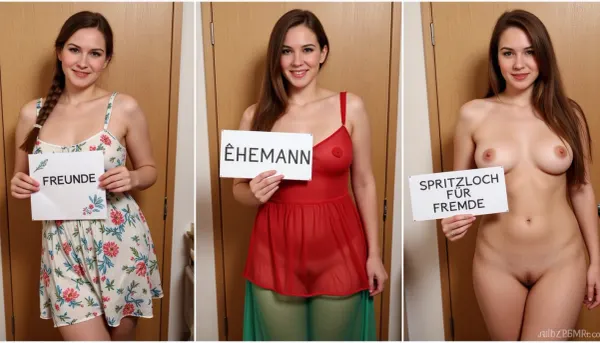((side-by-side three pictures of a huge busty milf italian)), slim, woman, with brown hair, french braid, standing in front of an bathroom door at a restaurant., (On the first picture on the left she wears a floral summerdress, and holds a handmade sign with text), (("FREUNDE")), . On the second picture in the middle she wears a red transparent dress, green see-thru dress, (and holds a handmade sign with text), (("EHEMANN")), ., (On the third picture on the right she is completely naked, nude, and holds a handmade sign with text), ((("SPRITZLOCH FÜR FREMDE")))