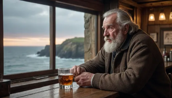 an old Breton man in a bar drinks his whiskey and looks out over the rough sea