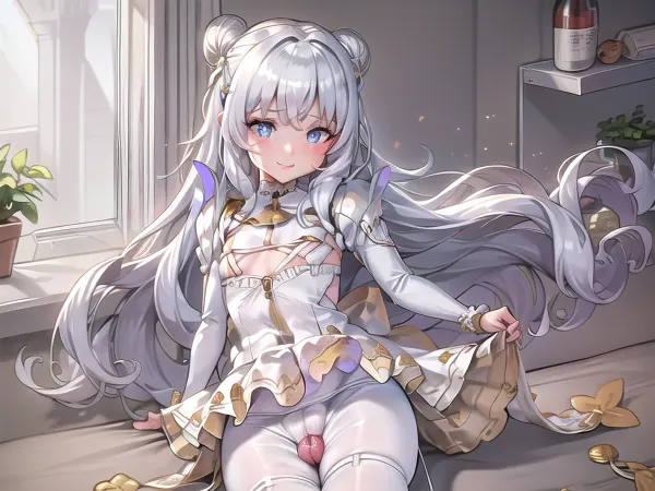 1girl, masterclass, best quality, ultra-detailed, illustration, indoors, smile, small breasts, cowboy shot, double bun, underboob cutout, white dress, white pantyhose, LeMalinDefault, pauldrons, epaulettes, pleated dress, thigh, sex, penis, <lora:LeMalin_V7_8dim_e6:1>, <lora:thighjob_v2_b:.5>