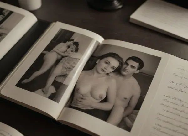 hyper-detailed old photo album open to page 1, page 4 black and white photos. The photos are pornographic shots of a married couple at home fucking., Ando, Fuchs, Style, page, <lora:Ando Fuchs Style:.5>, titfuck, <lora:titfuck_SDXL:.5>, <lora:276883_training_data:.5>