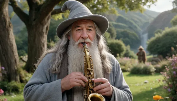 happy Gandalf the Grey wearing his hat, playing saxophone and dancing near Frodo and Sam, Gandalf1024, <lora:Gandalf1024-000155:1.6>, Hobbit, Hole, flower, tree, <lora:Hobbit_Hole_SDXL:.5>