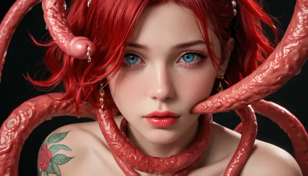 An large brown squid fucking a nude 30 year old red hair tattooed girl while he penetrates her mouth and pussy with his tentacles, tentacle, tentacles, squid, octopus, curled, <lora:polyhedron_tentacles-000005:1.5>