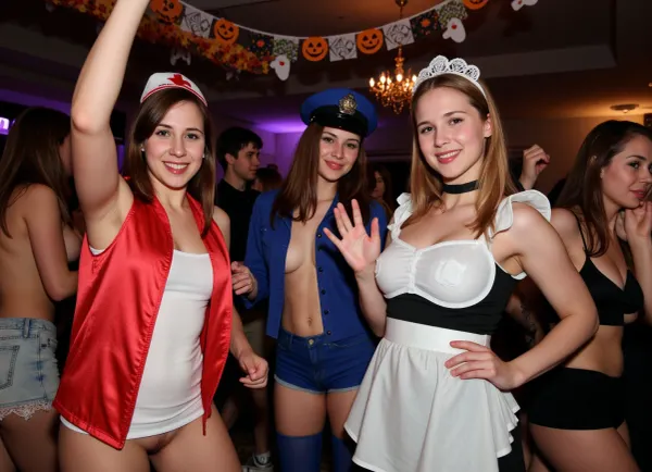 A playful group photo of three 20-year-old college freshman girls at a Halloween frat party. Each girl is dressed in sexy Halloween costumes—one as a sexy nurse in red and white, another as a sexy cop in blue, and a sexy french maid in black and white. They have heavy make up with lipstick, mascara and eyeshadow. They are dancing in a crowd, mischievous grins, drunk, sexy, teasing, seductive, spooky. The setting is a party in a big mansion, with drinks scattered around, dark room with flashing lights, and a dj at a dj booth in the background. colorful Halloween decorations—pumpkins, ghost banners, and spiderwebs—are scattered in the background. The camera captures them from a slightly tilted angle, spooky aesthetic, sensual and vibrant. The bright lighting enhances their vibrant costumes and creates a steamy, sexy atmosphere.