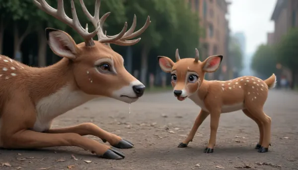 Professional photo. In the photo, a deer with broken horns, (the broken horns lie next to the deer's legs), (the deer is crying:1.4), (large tears under the eyes:1.3)