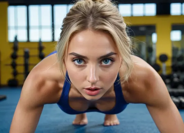 Ana de Armas, Ultra realistic, photography, from below, full body shot, at the gym, 18 year old woman, sports clothes, bending over, dynamic pose, (small sized boobs), tight boobs, slim body, fair skin, wet skin, blue eyes, (droopy eyes), glossy lips, eyelashes, (view to viewer), straight blonde hair, perfect makeup, eyeliner, skin texture, (skin pores), symmetrical eyes, narrow eyes, wide jaw, Ultra quality, natural light, (high detailed), sharp face, Uhd 8k, high detailed skin, high detailed mouth, high detailed eyes, high detailed iris, high detailed lips, dslr, masterpiece, 4ng3l, face, <lora:SDXL_BetterFaces-LoRA_v1:.8>