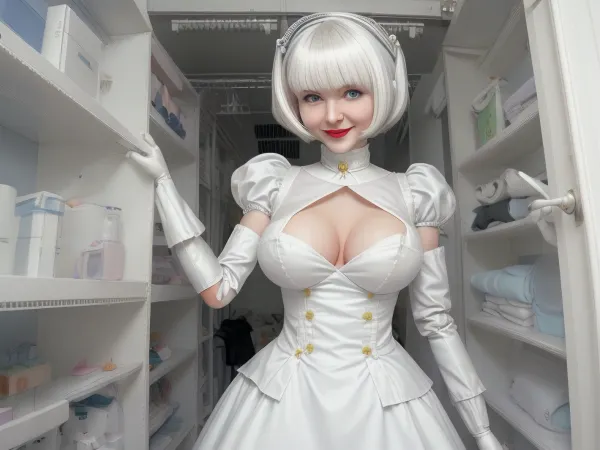in full height, standing deep in the closet, hands pressed against the body, facing forward, doll maid dress, robot Russian woman, white hair, bob haircut, huge real tits, real vagina, plastic white body, smile, nice face, doll