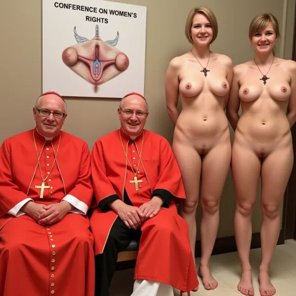 Scene at the Vatican, three Catholic cardinals, aged over 70, dressed in red cardinal's robes, are sitting together. They are accompanied by three 68-year-old women, naked, standing next to them, legs spread. Their vagina with sperm flowing. A sign on the wall has the printed text “CONFERENCE ON WOMEN’S RIGHTS.”