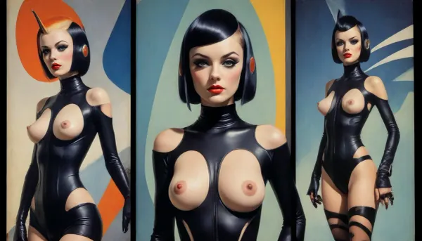 (style of old pulp scifi poster, Flat 2D Art:1.4), (retrofuturism, very small perky tits, covered nipples:1.4), (visible pussy, shaved pussy, pussy:1.4), (side-by-side:1), side-by-side pictures of 18 year old slim sexy space princess wearing asymmetric avant-garde super tight space suit, (avant-garde asymmetric clothes:1.6), (wearing, futuristic, sexy, asymmetric, torn, cutout, exposing breast or pussy, lewd, intricate details, avant-garde, cutouts, cutoffs, lace, leggins, leotard, hotpants, uniform, suit, flightsuit, spacesuit, space_space, Avant-garde, edgbodytape), rank insignia, royal insignia, <lora:add-detail-xl:.5>, <lora:Space_clothes-xl-8:.5>, <lora:Avant-garde Fashion:.5>