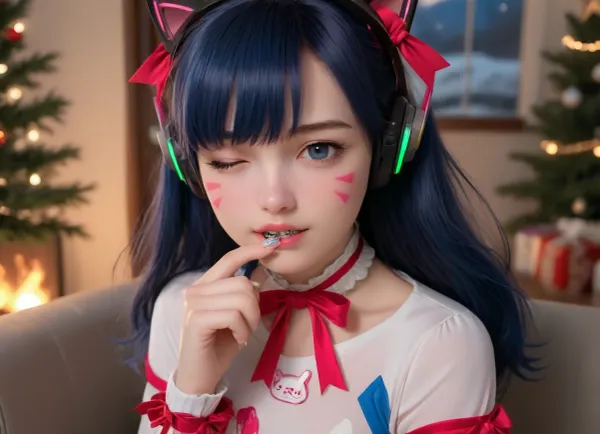 d.va, shiny wet bodysuit, long dark blue hair, cat ears, headphones, skinny, petite, tight waist, tight hips, tease, ribbons, burning tree, burning christmas tree, fire, colorful background, pink christmas tree, lean blue couch, lean backwards, touch neck, bite finger, wink, night, dark, smooth warm light, low light, vintage filter, braces, teeth, <lora:braces-sdxl:1.4>