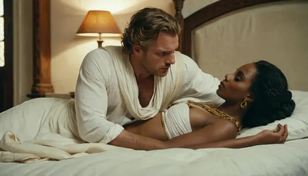 A white European man in ancient times strangles a beautiful black woman on a bed. A white Roman with a white kerchief stands nearby