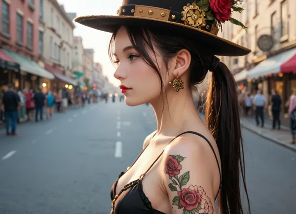 masterpiece, master shot, very wide shot, woman stands in sexy pose at street, steampunk city in background, woman is slutty 18yo japaneese, tall, fit, slim, muscle, sexy, small elastic breasts with pierced nipples, fully tattooed hips and thighs, pierced ears, long black ponytail, dressed in steampunk modest outfit with cylinder hat and mechanic fancy gogle on her forehead, whole bodies in frame, (side view:1.1)