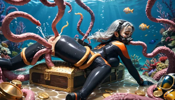 High-definition, 1woman, 20 meters underwater, (floating above the seafloor in zero gravity), (stretched horizontally 2 meters above the ground), a helpless and beautiful female scuba diver wearing a full-face scuba mask over her eyes and a full-body wetsuit, (silver hair), (voluptuous body), (curvy body:.2), (detailed face and eyes:1.3), (full-face scuba mask on her eyes:1.3), (air bubbles leaving her mouth:1.1), (dark red wetsuit with black accents), (deep underwater:1.2), (lots of fish:1), (wetsuit covers her feet:1.1), (there is a small open treasure chest filled with gold coins), (as she reaches for the gold coins, 30 tentacles wrap around her body, tentacle tear her wetsuit, tentacles grab her breasts, tentacles go into her pussy and anus, tentacles impregnate her), (tentacles in pussy:1.2), (tentacles in anus:1.2), (lots of thick tentacles:1.2), (double penetration:1.2), (prone sex position), (orgasm, pleasure:1.2), (close view of face)