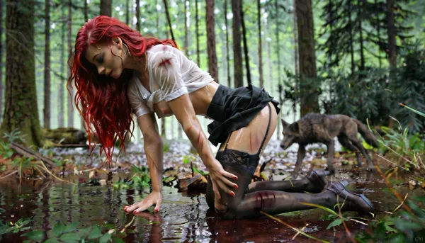 ongoing pursuit, [the girl is chased through the forest by a horny werewolves], partially clothes, scratches on the skin, small tits, ideal tits, perfect boobs, long red hair, [upped blouse], [visible two chasing werewolves in the background], two werewolf and a woman, her dirty skin, werewolf is not much taller than the girl, skirt, black stockings, black garter belt, full body view, wet skin, shirt lifted up, s side view, unsuccessful attempt to defend against the werewolf, perfect hands and fingers, high definition, ultra realistic, <lora:580159_training_data:1>, <lora:RealDownblouseXL2:1>