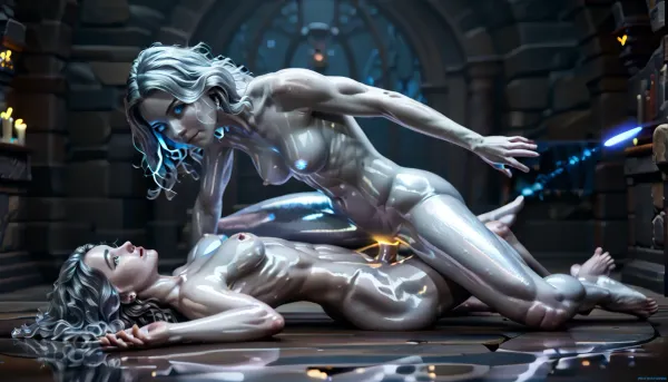 Ranni the witch, masterpiece, full body view, (detailed face and eyes:1.3), woman, slender body, muscular, medium breasts, erect nipples, (masterpiece, detailed), (metallic silver hair), ((floating face down)), levitation, naked, full moon background, (glowing blue eyes:1.5), side view, ((glowing white skin:1.7)), (shiny skin:1.7), uniform skin tone, (((body is horizontal:1.8))), (facing down:1.5), (mischievous:1.5), floating in air, zero gravity, (1 meter above ground), 1man, laying on the ground is a large muscular human man with a huge erection, she is fucking him, man is asleep, (cowboy sex position:1.5)