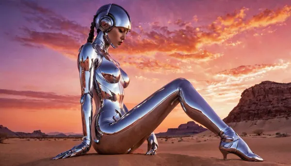 Hajime Sorayama artwork, a low angle photgraph, side view, bright light, perfect light, sunset, in an artificial alien landscape of barren red desert and bright purple sky, with a gas giant looming overhead in the background.

a hajime sorayama designed girl, metal robot, a sexy female robot is standing painting a depiction of the sunset on an easel, ---------
She is naked and hairless, and her skin is completely made of chrome, (chrome skinned), . She has slender build, narrow hips, firm breasts, perky breasts, long slender legs, ------ -----
8k Wallpaper, high contrast, RAW Photo, Masterpiece, Ultra High Definition, Sharp Focus, Flawless Clarity, Crystal Clarity, 8K UHD, Photo Realism, ------------
Chrome, Skinned, gynoid, Android, Cyborg, Cybernetic, <lora:hajimesorayama-style-f1:2>