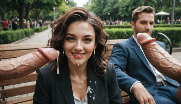 1Woman, 1Man, both sitting on a park bench during day, she is rubbing his big cock, several people walking around, he is ejaculating, she is smiling, cum spilling on his chest and face
