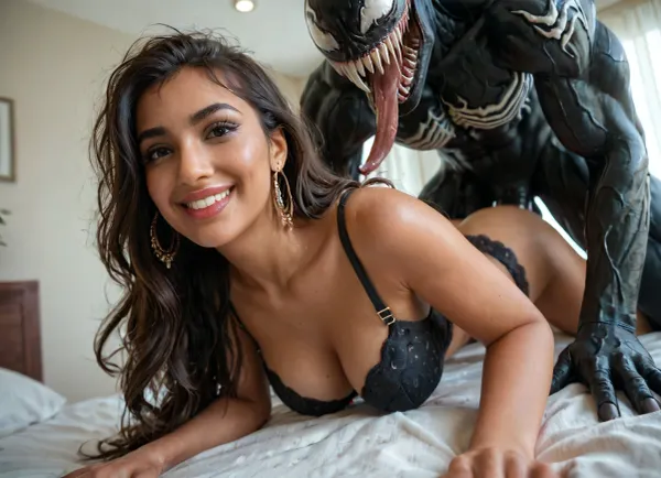 Close up shot, ((beautiful indian woman with long hair and fair skin wearing a bra)), slight smile, on all fours having sex with venom with a big penis holding her waist, dynamic angle, in the bedroom