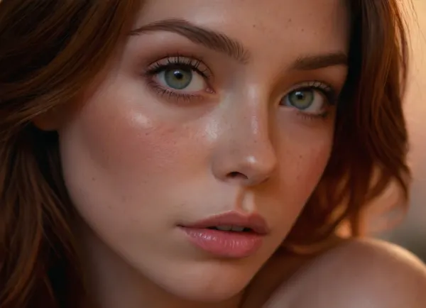 Highly detailed, extreme close-up photograph of a young woman with light skin and subtle freckles, focused on her captivating eyes., (vibrant auburn hair with dark roots, textured layers, coppery highlights), Her pale eyes are glistening, and her full lips are slightly parted, showcasing a natural, soft pink hue. The background is blurred, but colorful, iridescent light reflections add a dreamy, ethereal quality to the image. The overall mood is intimate and sensual, with a focus on the natural beauty and texture of the subject's skin and hair. The lighting is soft and warm, enhancing the serene atmosphere., igbaddie, ziprealism, <lora:igbaddie-XL:.4>