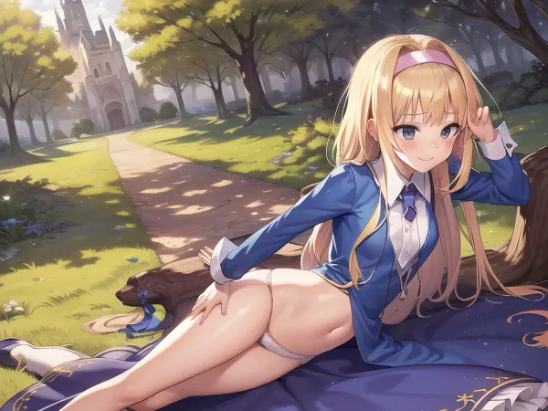 masterpiece, best quality, 1girl, Alice, without clothes, alicepants, blue shirt, white underwear, slight smile, blush, outdoors, detailed background, castle in background, trees, long hair, arms at sides, <lora:AliceReducedv2:.5>, missionarypose, 1boy, penis, lying, missionary, vaginal, <lora:POVMissionary:.8>