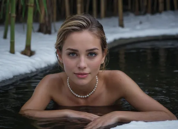 Outdoor, winter night, foggy Hot spring in a Japanese bamboo forest, snow covered bamboo shots in a background, the water is evaporating, dense evaporation, humid in the air, Thick white evaporation steam is floating above the surface of the water, heavy snow is falling down, large snowflakes are swirling around. Alluring 25 yo naked caucasian woman is lying deeply relaxed in a hot water pond, The woman’s body is submerged in the water, Her head is temptingly resting on the bank of the hot spring, her head is lying relaxed on stones surrounding the hot spring, she is skinny, b-cup perky tits, tan lines, erected puffy nipples, very Long soaking wet blonde hair, square face Shape, high cheekbones, upturned nose, long eyelashes, wide mouth, puffy lower lip, large upturned almond black eyes, blushing, alluring gaze, seductive smile, eyes wide opened in CLIMAX, very long pearl necklace hanging down on her breast, prominent circular earrings, perfect teeth, cinematic view, wide view.
