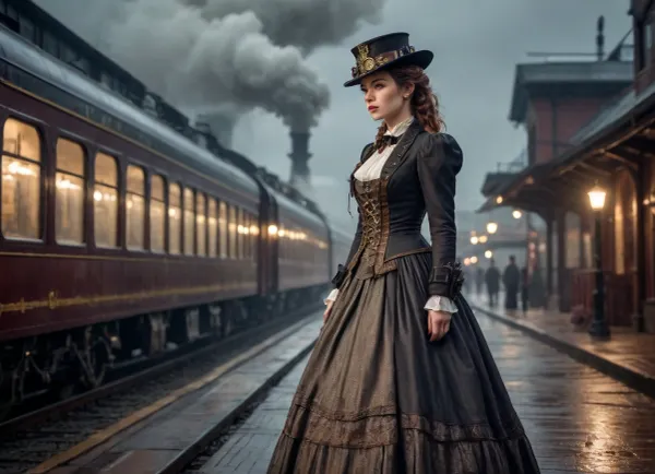 steampunk style railroad station, train arriving, steam locomotive first, late night, rainy windy whether, meet-and-greet girl in victorian dress standing around