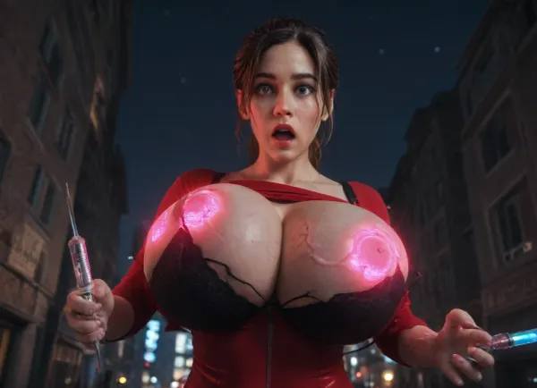 score_9, score_8_up, score_8, perfect hands, claire_redfield, Resident_evil, 1girl, (young:1.5), brown_hair, brown_eyes, solo, looking at viewer, classic suit, (((red top))), (glowing syringe in hand:1.3), open mouth, ((surprised)), (((wardrobe_malfunction))), (((torn_clothes))), (huge breasts:1.3), slim, young, (pink glowing Breast veins:1.8), (very undersized tight black bra:1.8), neon trim, neon glow, city, night, zPDXL, Expressiveh, zzCitronLegacy, tpsp, magical, glow, internal, magic, fantasy, glowing, colorful, absolutely, terrifying, <lora:Torpedo_Tits_Anime-GMR-000007:1>, <lora:dark:.1>, <lora:Magical_Glow_XL-000019:.8>, <lora:absolutely_terrified:1>, NEGATIVE_HANDS