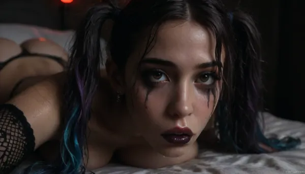 Score_9, score_8_up, score_7_up, (close-up of her face:1.5), (solo), (1girl), (long hair), (multicolored hair, (dark purple hair), (bright blue hair)), (twintails:1.4), (wavy hair), (messy hair), (wet hair:1.4), submissive, (incredibly busty bimbo:1.1), (engorged breasts), (gigantic tits), (saggy heavy boobs), (pointy breasts), (retrousse tits), (nipple piercings), (bimbo slut makeup), (mascara running down her face:1.3), (incredibly long lashes), (bimbo lips), (black lipstick), (super snatched waist), (pencil waist), (huge bbl ass:1.2), (ribs visible), (oiled glossy skin), (sweaty skin), (shaved pussy), (white skin:1.1), (pale skin:1.4), (gothic:1.1), (goth:1.1), (tan lines:.8), (brown eyes), (perfect mouth), (perfect lips), (topless), (bottomless), (no clothing except a black garter belt and black fishnet thigh-high leggings and black platform stilettos and black fishnet arm sleeves), perfecteyes, (she's laying on a bed, on her side, head on a pillow), exhausted, tired, hair and makeup was elegant and beautiful but is now messy and disheveled after hours or rough sex, (ruined makeup:1.4), (smudged lipstick smeared across face), (cum running out of her nose and mouth onto the bed:1.2), (excessive amounts of cum:1), (vacant expression:1.4), (fucked stupid, brainless), (black walls), (gothic bedroom), (blue and purple neon lighting:1.1), (bright neon lighting:1.2), HighRes Fix, ADetailer, Inpainting, Upscale, Photoshop, <lora:PerfectEyesXL:.8>, <lora:dark:.5>, <lora:315758_training_data:.8>