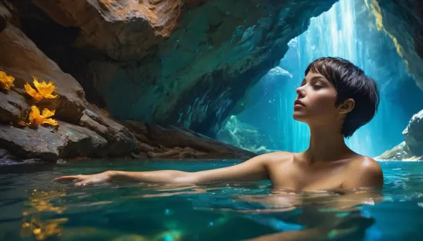 Gorgeous cave. Giant and intricate details. Glistening glowing pools of magical water. Bioluminescent crystals clinging to the cave walls. Garmash. Wlop. Guweiz. Oil paint strokes. Surreal. Outlines. Vivid and surreal crystals and magical water. 2 Nude +18 years pretty girl, wet skin, black wet hair, (((pixie haircut))), swimming, Photorealistic.