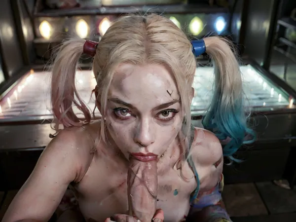 Harley Quinn, sucking, a, big, (((full nude Harley Quinn))), (((perfect very big tits))), (((deepthroat penis))), cock, (((deep blowjob))), (((full topless))), (((Margo Robbi))), facial, harleyquinn, m4rg0tr, h4rl3yq, 1girl, normal size penis, hetero, 1boy, fellatio, oral, solo, focus, pov, <lora:HarleyQuinnV2:.5>, <lora:m4rg0tr:.5>, <lora:MS_Real_POV_Blowjob:.5>