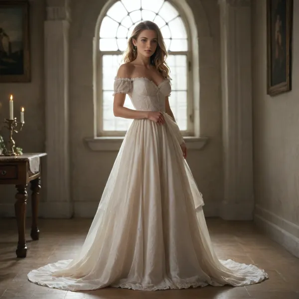 woman with light blonde hair, a rosy complexion, wearing a light mauve/dusty rose, flowing, princess-style dress with delicate lace trim, and floral embroidery detail. The dress has puffed sleeves and a full skirt, draping realistically, light-toned lace lingerie is visible, soft lighting casts subtle shadows, creating a romantic, almost fairytale-like aesthetic, reminiscent of a digital painting or anime illustration, full body view