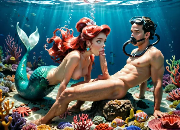 Una aventura submarina encantada: el beso de la sirena y la delicia del buceador