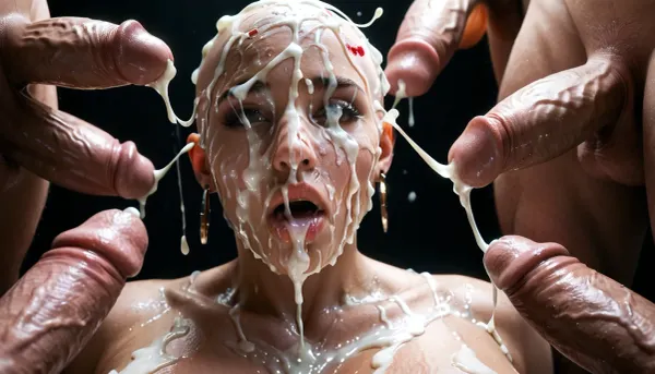 (Cum details), realistic cum, Prominent cum, (white cum:1.7), cum on, (Cum flows:1.2), (cum on body:1.3), cum on head, (cum on face:1.3), bukkake, ((body covered with semen)), white curvy woman, (massive breasts:1.2), (milf:.7), naked, no lipstick, bald, mouth closed, (((eyes wide open))), black room, black background, 3+ men, surrounded by dicks, cum, on, face, Face covered in cum, cum dripping from penis, (A lot of cum:1.5), shocked, nonplussed, ImgFixerPre0.3, <lora:JustCum:.7>, <lora:cum_in_eye_deepmind:.8>, <lora:shocked:.1>