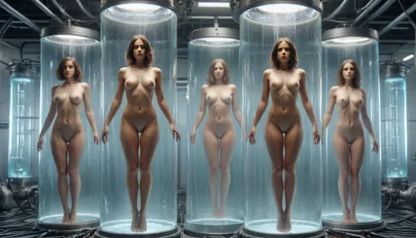 futuristic laboratory, giant tubes and vats of strange liquids, pipes, cords, cables, chemicals, full body portrait, ((multiple nude women floating suspended in large tubes of glass)), Containment, Tube, <lora:ContainmentTubeXL:.8>