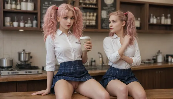 Russian model, 22 years old, sit on coffee shop l, drink coffee, up skirt, cum in pussy 3.5, long pink hair, Pigtails, white short, red lisp