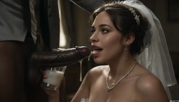 interracial, ((white cuckold husband in suit in the background is happy)), very large black penis, The happy chubby Persian bride in sexy wedding dress, cum driping bride's chain' cum driping from black penis, (white man kiss the black penis), (woman laughs), . drinking sperm from transparent cup, (there is glossy and sticky and glossy sperm in cup), cup full of sperm, cum swallowing, ((gokkun)), cum dripping from the corners of her lips, The woman holds the cup under the black cock., ((text on The cup is, "BBC Cum")), happy, <lora:dark:.5>, <lora:677862_training_data:.9>, <lora:happy_v2:1>, <lora:256210_training_data:1>, green, eyes, blue, brown, perfecteyes, <lora:PerfectEyesXL:.8>