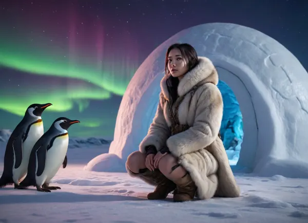 A young, beautiful, slender, Inuit Eskimo woman dressed in animal skins and war paint kneels in the tundra in front of an igloo at night with a beautiful, realistic penguin, with many northern lights in the sky, cyberpunk art, retrofuturism, by Lü Ji, cgsociety 9, nezha, very beautiful cyberpunk, cyberpunk, concept art feng zhu, (UHD, 4K, 8K), perfect small breasts, perfect soft face, face closeup