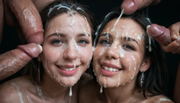 2 white mature curvy women, smiling, eyes open, (Cum details), realistic cum, Prominent cum, (white cum:1.7), cum on, (Cum flows:1.2), (cum on body:1.3), cum on head, (cum on face:1.3), bukkake, ((body covered with semen)), black room, black background, cum, face, Face covered in cum, (A lot of cum:1.5), 3+men, surrounded by dicks, <lora:JustCum:.7>, <lora:cum_in_eye_deepmind:.8>