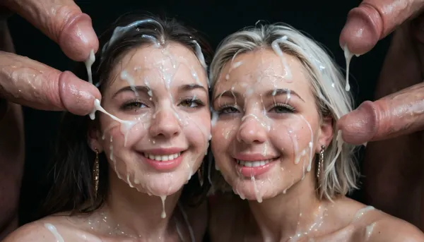 2 white mature curvy women, smiling, eyes open, (Cum details), realistic cum, Prominent cum, (white cum:1.7), cum on, (Cum flows:1.2), (cum on body:1.3), cum on head, (cum on face:1.3), bukkake, ((body covered with semen)), black room, black background, cum, face, Face covered in cum, (A lot of cum:1.5), 3+men, surrounded by dicks, <lora:JustCum:.7>, <lora:cum_in_eye_deepmind:.8>