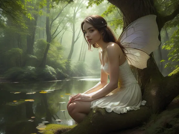 a sweet flying fairy. with large fairywings, topless, with a slender body, a pretty coquettish face, large beautiful crystal eyes, big irises, and heart-shaped lips. she is in a landscape with a strong tree with deep roots and full branches against a rising sun, with morning ground fog. The sun’s rays extend outward. The color scheme blends deep green tones with bright yellow and orange tones. This design is bold, simple, and impactful, (((She is sitting on a tree by a pond))), parallax, soft focus, panorama, wide angle, overexposure, grainy film, night vision, # ©KittyArt