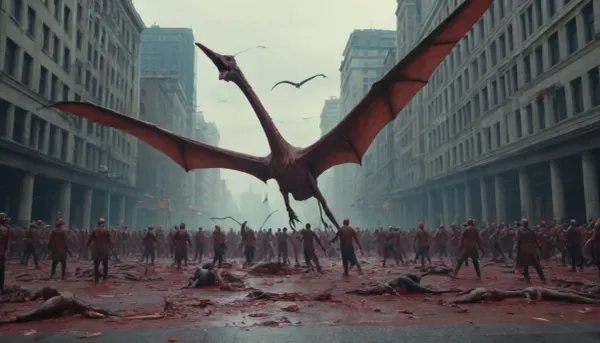 A pack of pterosaurs massacre people in the center of the city, lots of blood, people scattering, photorealism, 4 K
