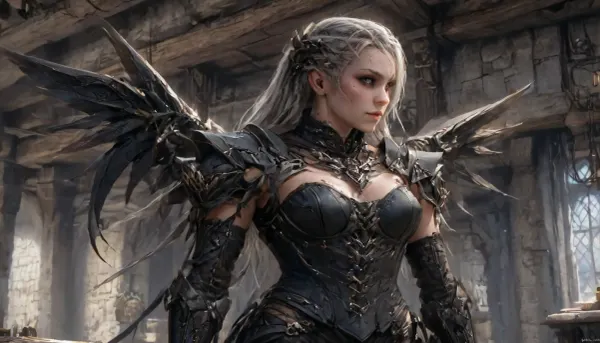 one nordic female human half_dragonrace, Mour from Skyrim, slim female ultimative super warrior, 25 year old, no_nude, nonude, pale skin, bra size 75C, metric body size 170cm, black Side Cornrows, skin made of dragon scales, female predator, dominant facial expression, highres ultra dedailed dragon wings on back, (inside medieval stone basement with cobwebs and standing coffin in background), (wearing tavern wench corset), (artwork, digital painting, concept art, by syd mead, flat colors), braided, side, VALHERO, <lora:concept_art_syd_mead:.6>, <lora:Braided_Sides_V1:.8>, <lora:Heroes_of_Valhalla_SDXL:.6>, <lora:Mecha_Ggorgeous_Armor-000011:1>, <lora:ahxl_v1:.6>