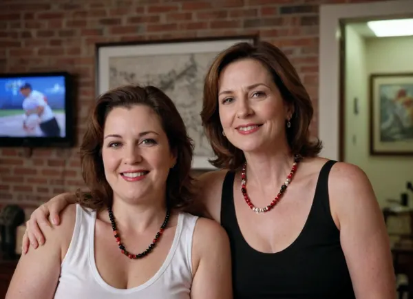 Two smiling chubby mature women in their late 50s with shoulder-length brown hair, wearing white tank tops and red, black, and white beaded necklaces, pose closely together indoors. The woman on the left is chubby and has sagging breast. The woman on the right has sagging cleavage. Behind them, there's a dimly lit interior with a brick wall and several television screens displaying different content, including what appears to be a baseball game. Other people are partially visible in the background.