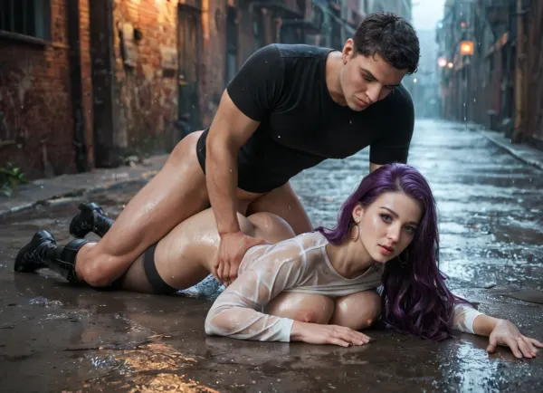 masterpiece, best quality, 8k, natural lighting, 35 y.o. gorgeous woman, pretty face, (realistic face), perfect eyes, very long legs, medium ass, huge giant breasts, well-built, long straight purple hair, pale skin, shaved pussy, pussy lips exposed, no underwear, (black thigh high nylon stockings:1.2), (black long sleeved tight shirt:1.2), nipples exposed, black ankle boots, wet skin, (wet clothes), full body, in a dark alleyway, heavy rain, lying on ground, (laying on stomach), (legs together:1.2), (both legs are lying on ground), man fucking woman, (prone bone), (man fucking her ass:1.2), (man holds woman down:1.3), anal sex, (man fucks woman top down), (view from behind)