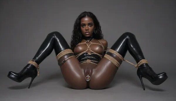 1girl, ebony, full body view, nude, open pink pussy, spread legs, (totally black skin:1.9), straight hair, (long straight hair:1.5), (cute and shy:1.2), looking at viewer seductively, (large sexy eyes:.5), (long eyelashes:1.2), (natural full lips:1.2), BDSM, bondage, hardtied, ropes, shiny latex stockings, extreme high heels, small metallic buttplug is ass