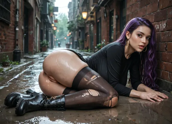 masterpiece, best quality, natural lighting, pretty face, highly detailed realistic face, natural face, perfect eyes, very long legs, medium ass, huge giant breasts, well-built, long straight purple hair, pale skin, shaved pussy, pussy lips exposed, no underwear, (black thigh high nylon stockings), long sleeved tight black shirt, black ankle boots, (wet skin), (wet ripped clothes), full body, dark alleyway, (heavy rain), one woman in picture, lying on ground, (lying on her side:1.2), (legs together), (man fucks woman in the ass from behind:1.3), anal sex, (he is wearing his pants), (view from the side)