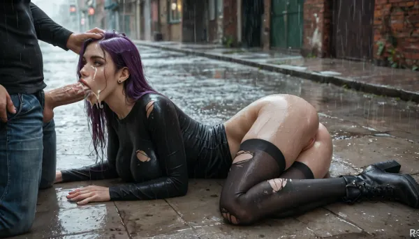 masterpiece, best quality, natural lighting, pretty face, highly detailed realistic face, natural face, perfect eyes, very long legs, medium ass, huge giant breasts, well-built, long straight purple hair, pale skin, shaved pussy, pussy lips exposed, no underwear, (black thigh high nylon stockings), long sleeved tight black shirt, black ankle boots, (wet skin), (wet ripped clothes), full body, dark alleyway, (heavy rain), one woman and one man in picture, woman lying on ground, (lying on her side:1.2), (legs together), legs stretched out, man is kneeling in front of her head, (man feeds his thick cock into her mouth:1.3), blow job, (cum all over face:1.2), (man is wearing his pants), (view from the side)